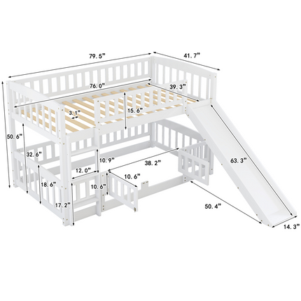 AS25- Bunk Bed with Slide; Twin Over Twin Low Bunk Bed with Fence and Ladder for Toddler Kids Teens - Likeshoppe 