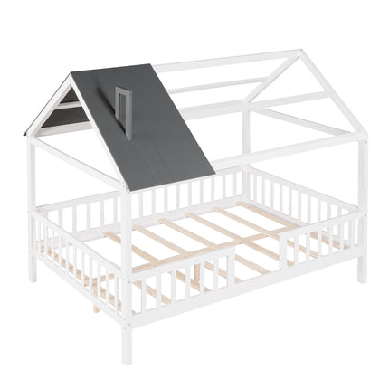 AS32- Full Size Wood House Bed with Fence - Likeshoppe 