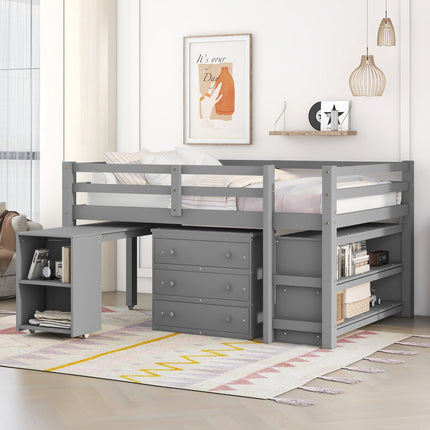 AS1- Low Study Full Loft Bed with Cabinet ; Shelves and Rolling Portable Desk ; Multiple Functions Bed - Likeshoppe 