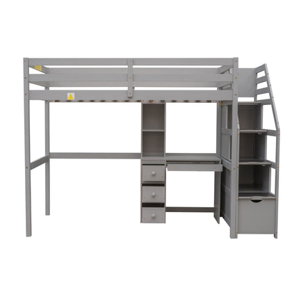 AS4- Twin Size Loft Bed with a Stand-alone Bed;  Storage Staircase;  Desk;  Shelves and Drawers - Likeshoppe 