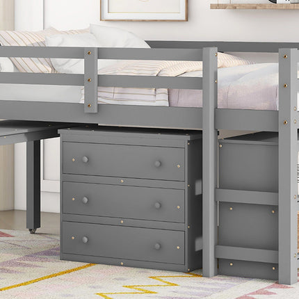 AS1- Low Study Full Loft Bed with Cabinet ; Shelves and Rolling Portable Desk ; Multiple Functions Bed - Likeshoppe 