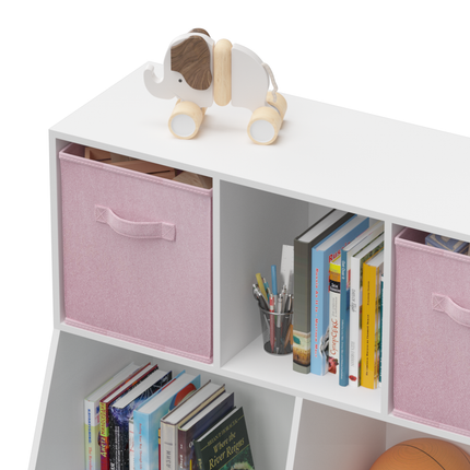 AT9- Kids Bookcase with Collapsible Fabric Drawers, Children's Toy Storage Cabinet for Playroom, Bedroom, Nursery, School, White/Pink - Likeshoppe 