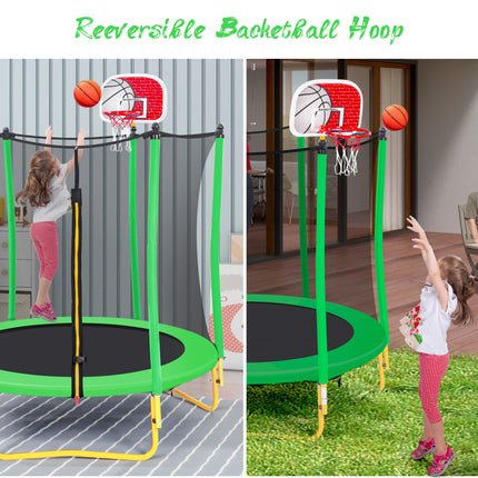 BA43- 5.5FT Trampoline for Kids - 65" Outdoor & Indoor Mini Toddler Trampoline with Enclosure, Basketball Hoop and Ball Included - Likeshoppe 