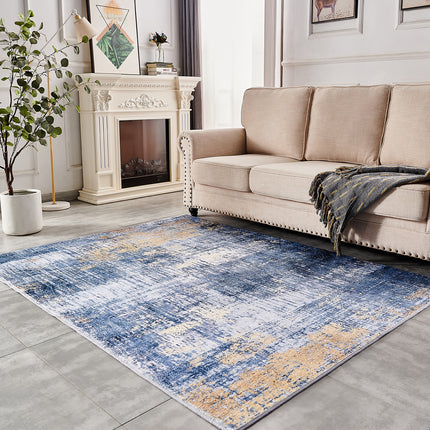 AQ4- ZARA Collection Abstract Design Blue Gold Machine Washable Super Soft Area Rug - Likeshoppe 