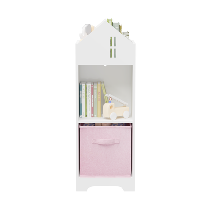 AT7- Kids Dollhouse Bookcase with Storage, 2-Tier Storage Display Organizer, Toddler Bookshelf with Collapsible Fabric Drawers for Bedroom or Playroom (White/Pink) - Likeshoppe 