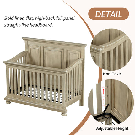 A015- Traditional Farmhouse Style 4-in-1 Full Size Convertible Crib - Converts to Toddler Bed, Daybed and Full-Size Bed, Stone Gray - Likeshoppe 