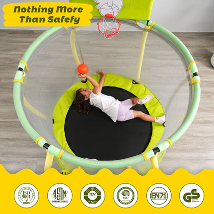 BA41- 4FT Trampoline for Kids - 48" Indoor Mini Toddler Trampoline with Enclosure, Basketball Hoop and Ball Included, Arc Designed and Full Surrounded for Extra Protection - Likeshoppe 