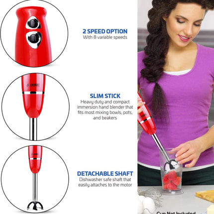 BQ4- 5 Core Handheld Blender, Electric Hand Blender 8-Speed 500W, Immersion Hand Held Blender Stick with Food Grade Stainless Steel Blades for Perfect Smoothies, Puree Baby Food & Soup - HB 1510 BLK/RED - Likeshoppe 