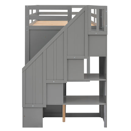 AS26- Functional Loft Bed with 3 Shelves;  2 Wardrobes and 2 Drawers;  Ladder with Storage;  No Box Spring Needed - Likeshoppe 