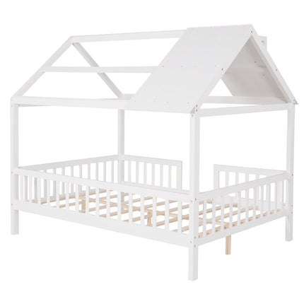 AS32- Full Size Wood House Bed with Fence - Likeshoppe 