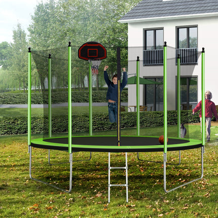 BA25- 10FT Trampoline with Basketball Hoop Inflator and Ladder(Inner Safety Enclosure) Green - Likeshoppe 