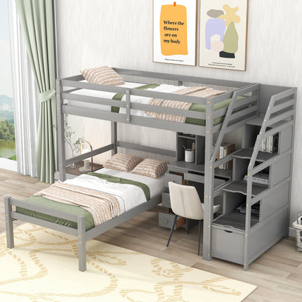 AS4- Twin Size Loft Bed with a Stand-alone Bed;  Storage Staircase;  Desk;  Shelves and Drawers - Likeshoppe 