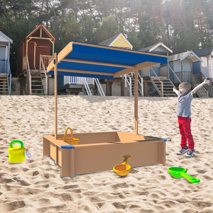 BF4- Children's Wooden Sandbox with Adjustable Canopy, Sandpit with Covers Kids Wood Playset Outdoor Backyard - Upgrade Retractable,45.3"L x 45.3"W x 46.5"H,Golden Red - Likeshoppe 