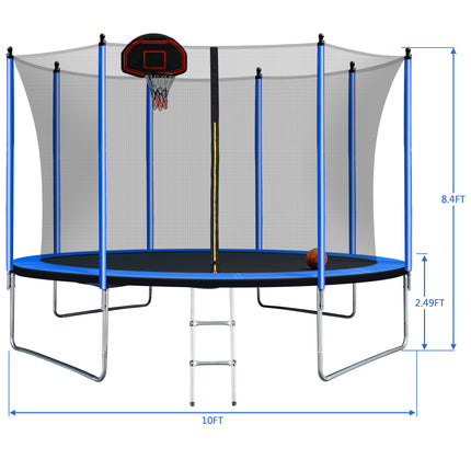 BA20- 10FT Trampoline with Basketball Hoop Inflator and Ladder(Inner Safety Enclosure) Blue - Likeshoppe 