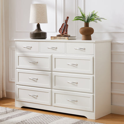 AU4- Bedroom dresser, 9 drawer long dresser with antique handles, wood chest of drawers for kids room, living room, entry and hallway, White, 47.56''W x 15.75''D x 34.45''H. - Likeshoppe 