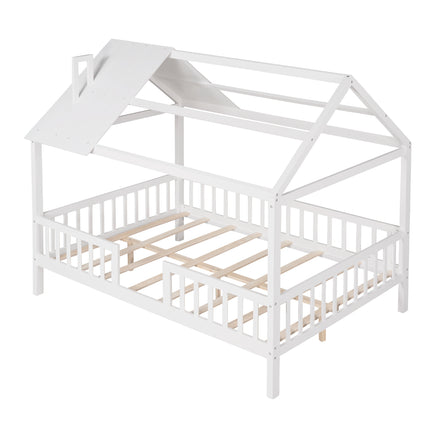 AS32- Full Size Wood House Bed with Fence - Likeshoppe 