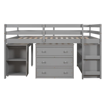 AS1- Low Study Full Loft Bed with Cabinet ; Shelves and Rolling Portable Desk ; Multiple Functions Bed - Likeshoppe 