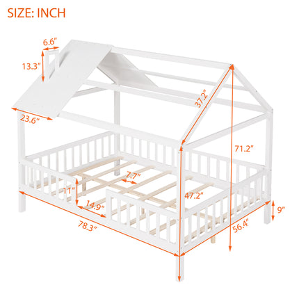 AS32- Full Size Wood House Bed with Fence - Likeshoppe 