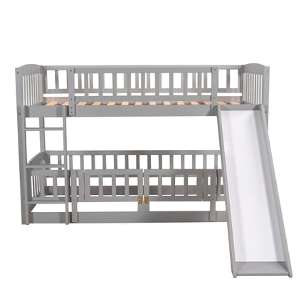 AS25- Bunk Bed with Slide; Twin Over Twin Low Bunk Bed with Fence and Ladder for Toddler Kids Teens - Likeshoppe 