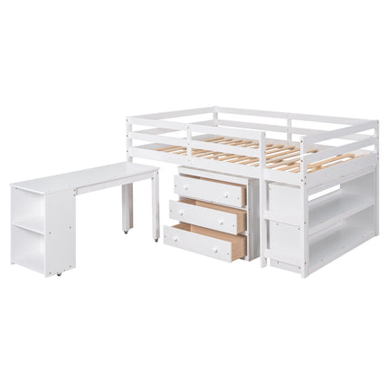 AS1- Low Study Full Loft Bed with Cabinet ; Shelves and Rolling Portable Desk ; Multiple Functions Bed - Likeshoppe 