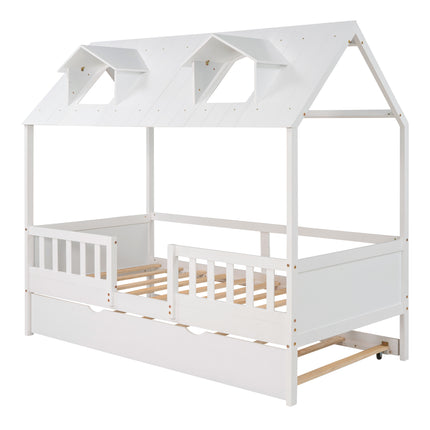 AS2- Twin Size House Bed Wood Bed with Twin Size Trundle - Likeshoppe 