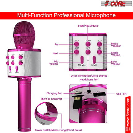 CC21- 5 Core Karaoke Wireless Microphones Bluetooth • w Stereo Mic Speaker • Portable Recording Microfono Inalambrico • SD Card & USB • Gifts Music Toys for Kids and Adults All Age- WM SPK PINK - Likeshoppe 