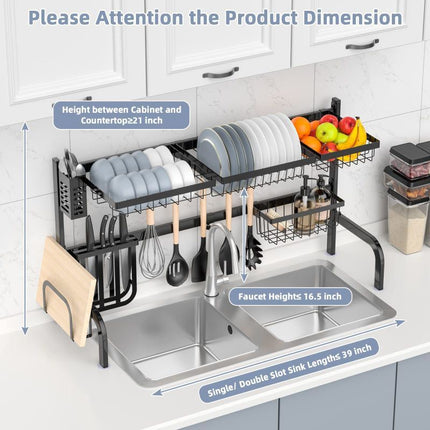 DL3-Adjustable Over Sink Dish Drying Rack with Hooks - Likeshoppe 