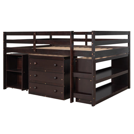 AS1- Low Study Full Loft Bed with Cabinet ; Shelves and Rolling Portable Desk ; Multiple Functions Bed - Likeshoppe 