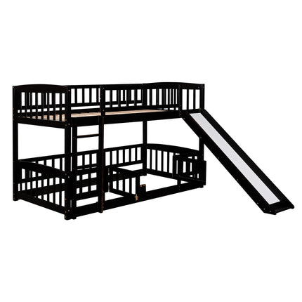 AS25- Bunk Bed with Slide; Twin Over Twin Low Bunk Bed with Fence and Ladder for Toddler Kids Teens - Likeshoppe 