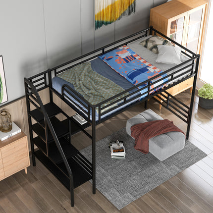 AS6- Metal Loft Bed Frame with Desk;  No Box Spring Needed; Twin - Likeshoppe 