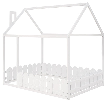 AS21- (Slats are not included) Full Size Wood Bed House Bed Frame with Fence;  for Kids;  Teens;  Girls;  Boys - Likeshoppe 