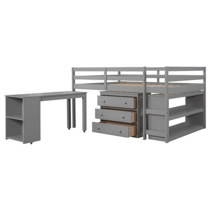 AS1- Low Study Full Loft Bed with Cabinet ; Shelves and Rolling Portable Desk ; Multiple Functions Bed - Likeshoppe 