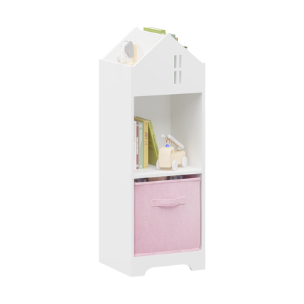 AT7- Kids Dollhouse Bookcase with Storage, 2-Tier Storage Display Organizer, Toddler Bookshelf with Collapsible Fabric Drawers for Bedroom or Playroom (White/Pink) - Likeshoppe 