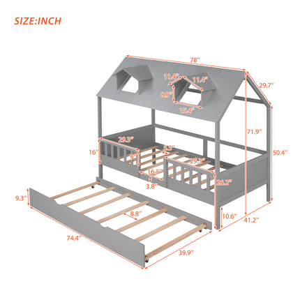 AS2- Twin Size House Bed Wood Bed with Twin Size Trundle - Likeshoppe 