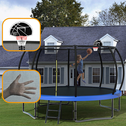 BA36- 14FT Recreational Kids Trampoline with Safety Enclosure Net & Ladder, Outdoor Recreational Trampolines - Likeshoppe 