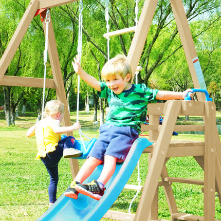 BB3- Wooden Swing Set with Slide, Outdoor Playset Backyard Activity Playground Climb Swing Outdoor Play Structure for Toddlers, Ready to Assemble Wooden Swing-N-Slide Set Kids Climbers - Likeshoppe 