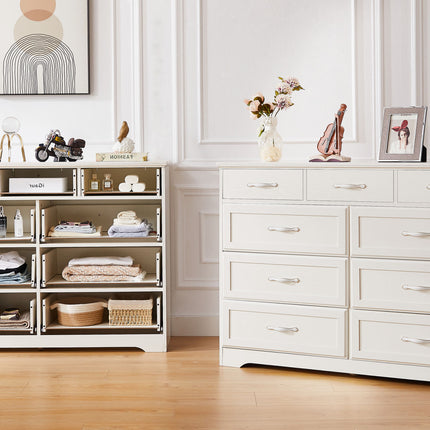 AU4- Bedroom dresser, 9 drawer long dresser with antique handles, wood chest of drawers for kids room, living room, entry and hallway, White, 47.56''W x 15.75''D x 34.45''H. - Likeshoppe 