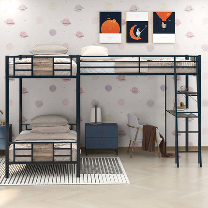 AS28- L-Shaped Twin over Twin Bunk Bed with Twin Size Loft Bed with Desk and Shelf - Likeshoppe 