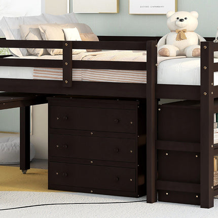 AS1- Low Study Full Loft Bed with Cabinet ; Shelves and Rolling Portable Desk ; Multiple Functions Bed - Likeshoppe 