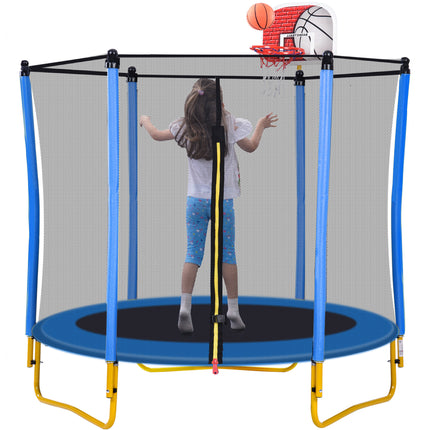 BA16- 5.5FT Trampoline for Kids - 65" Outdoor & Indoor Mini Toddler Trampoline with Enclosure, Basketball Hoop and Ball Included - Likeshoppe 