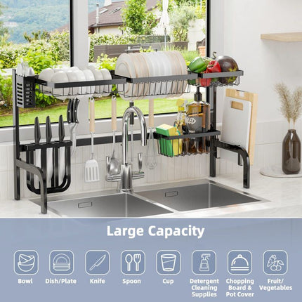 DL3-Adjustable Over Sink Dish Drying Rack with Hooks - Likeshoppe 