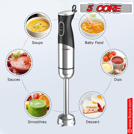 BQ5- 5 Core Handheld Blender 3 IN 1, Electric Hand Held Blenders 500W| Immersion 800ml Beaker & Whisk| 9 Speed Heavy Duty Stick, Stainless Steel Blades for Smoothies Puree Baby Food and Soups- HB1516 - Likeshoppe 