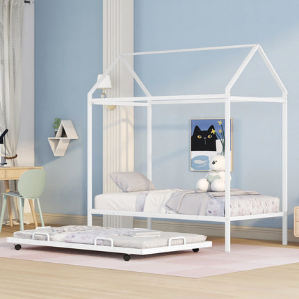 AS22- Twin Size Kids House Bed With Trundle;  Metal House Bed - Likeshoppe 