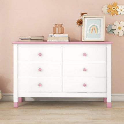 AU8- Wooden Storage Dresser with 6 Drawers,Storage Cabinet for kids Bedroom,White+Pink - Likeshoppe 