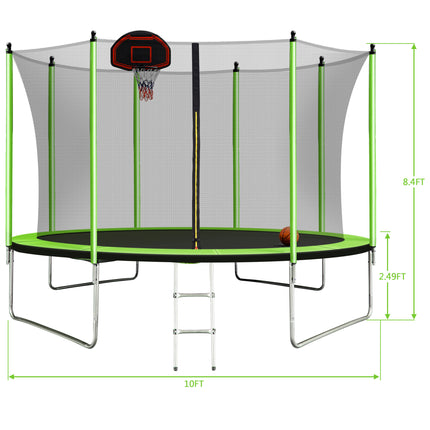 BA25- 10FT Trampoline with Basketball Hoop Inflator and Ladder(Inner Safety Enclosure) Green - Likeshoppe 