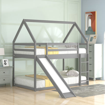 AS33- Twin Size Bunk House Bed with Slide and Ladder - Likeshoppe 