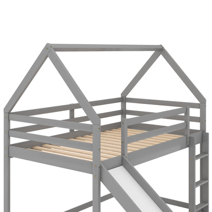 AS33- Twin Size Bunk House Bed with Slide and Ladder - Likeshoppe 