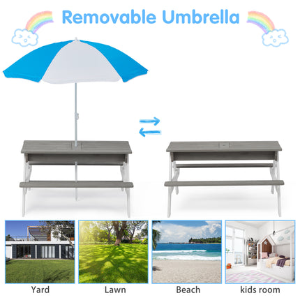 BL1-3-in-1 Kids Outdoor Wooden Picnic Table With Umbrella, Convertible Sand & Wate, Gray ASTM & CPSIA CERTIFICATION - Likeshoppe 