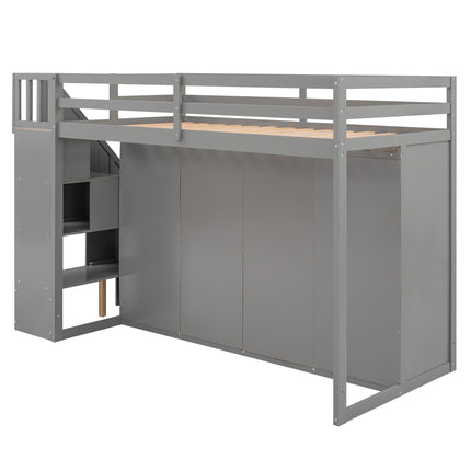 AS26- Functional Loft Bed with 3 Shelves;  2 Wardrobes and 2 Drawers;  Ladder with Storage;  No Box Spring Needed - Likeshoppe 