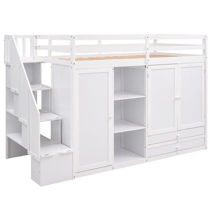 AS26- Functional Loft Bed with 3 Shelves;  2 Wardrobes and 2 Drawers;  Ladder with Storage;  No Box Spring Needed - Likeshoppe 